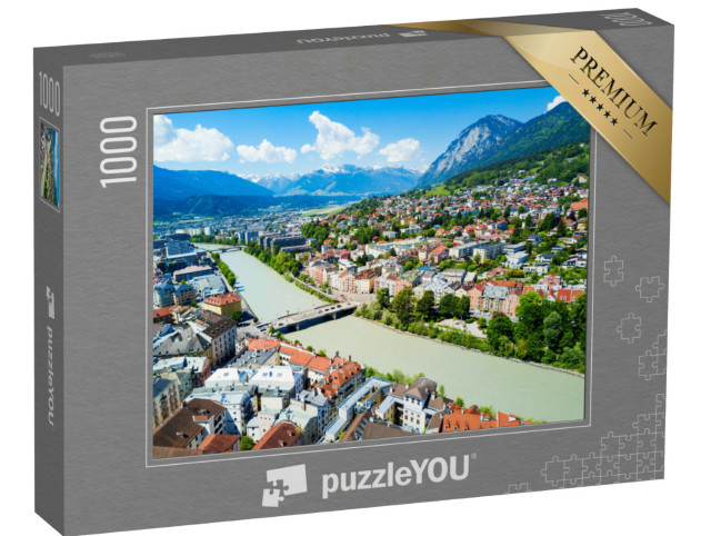 Puzzle 1000 Teile „Fluss Inn und Innsbrucker Stadtzentrum von oben“