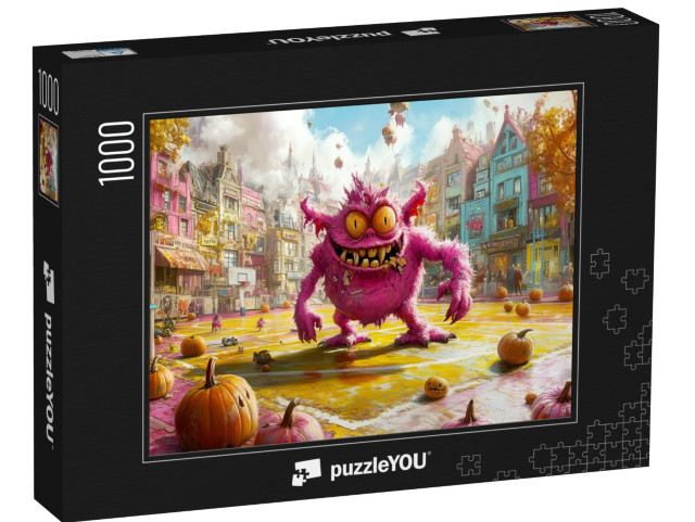 Puzzle 1000 Teile „Lila Monster auf Basketballfeld an Halloween“