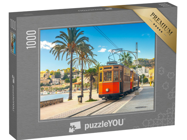 Puzzle 1000 Teile „Berühmte orangefarbene Straßenbahn, von Soller nach Port de Soller, Mallorca, Spanien“