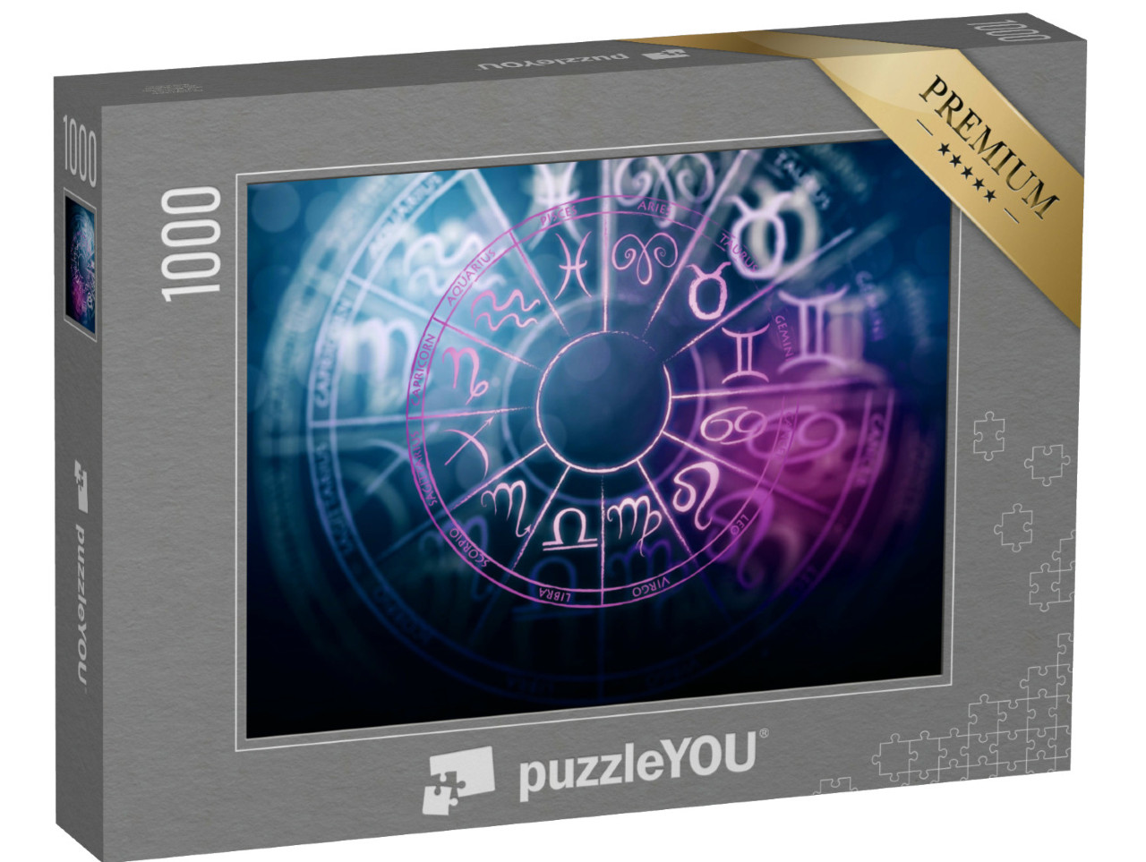 Puzzle 1000 Teile „3D-Rendering: Tierkreiszeichen, Horoskopkreis auf dunklem Hintergrund“