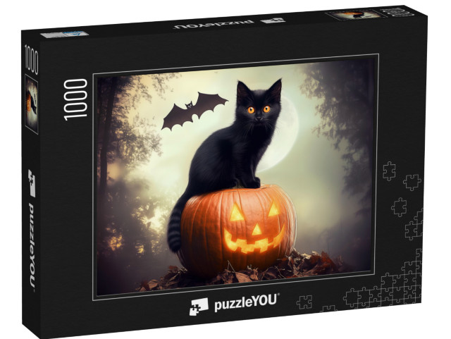 Puzzle 1000 Teile „Schwarze Katze sitzt auf Kürbis“