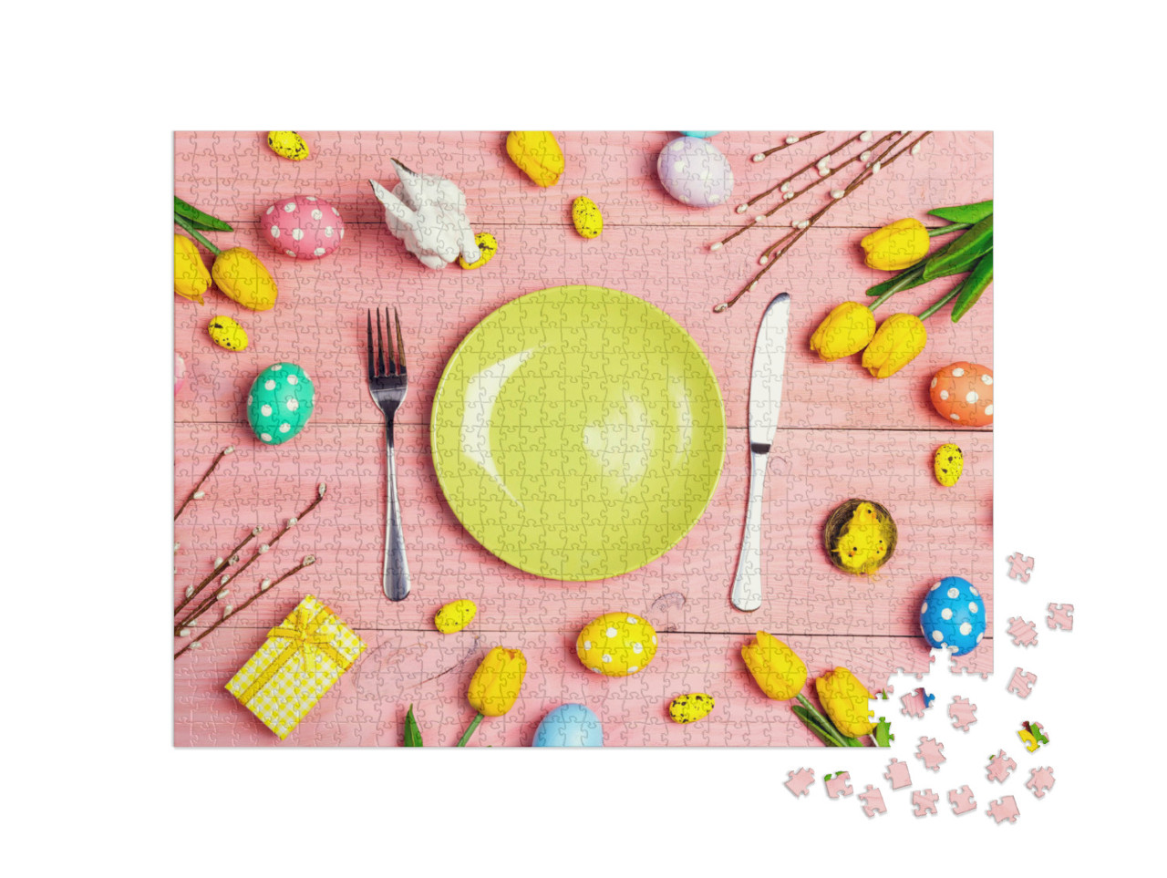 Puzzle 1000 Teile „Gedeckter Tisch mit Besteck und Osterdekoration“