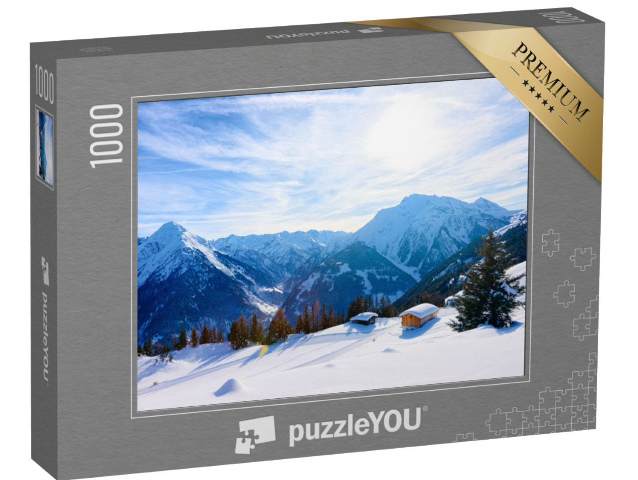 Puzzle 1000 Teile „Skigebiet Mayrhofen mit Chalets im malerischen Zillertal, Tirol, Österreich im Winter“