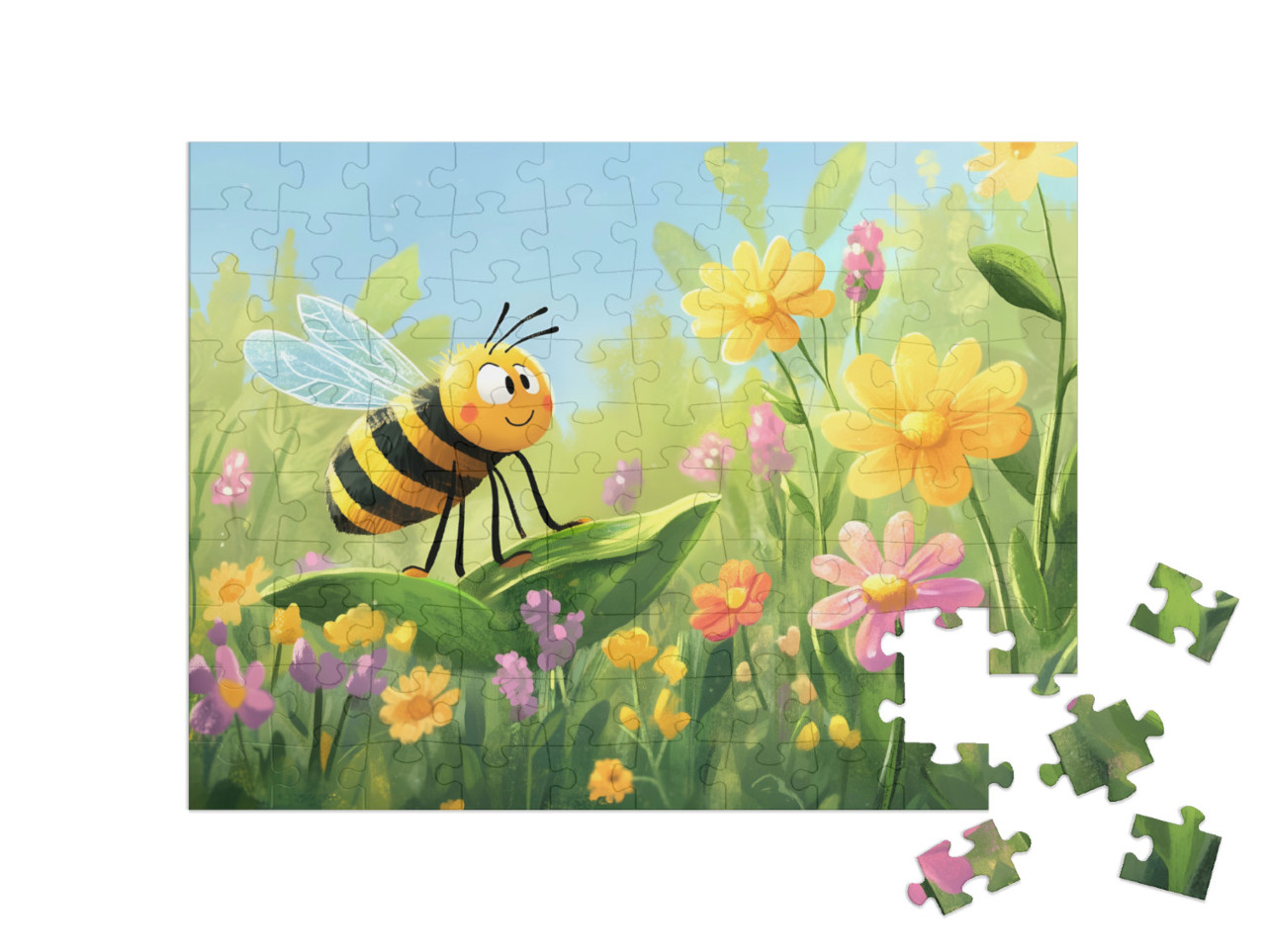 Puzzle 100 Teile „Die fleißige Biene auf der Frühlingswiese“