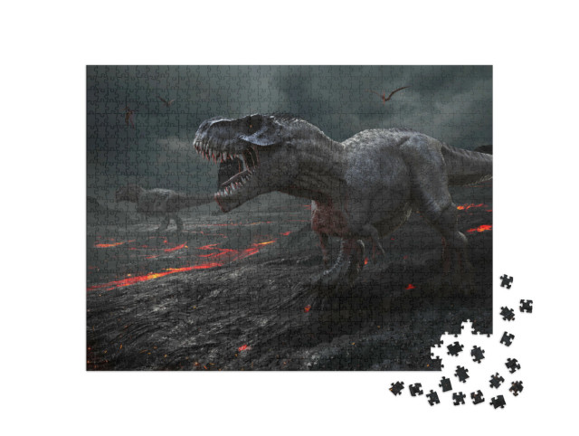 Puzzle 1000 Teile „3D-Animation: Saurier mit Lava-Landschaft“