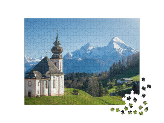 Puzzle 1000 Teile „Schneebedeckter Watzmann-Gipfel und Maria Gern, Berchtesgadener Land“