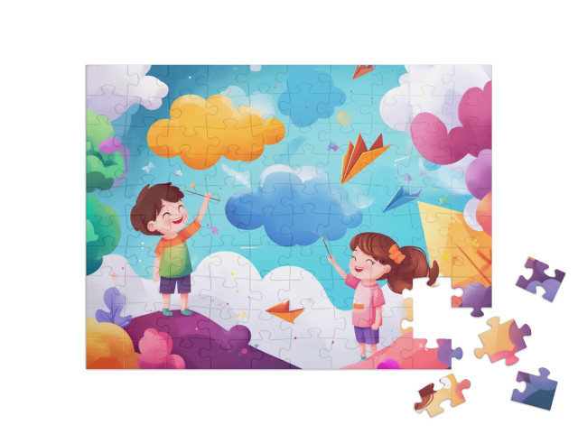 Puzzle 100 Teile „Papierflugzeuge und bunte Wolken“