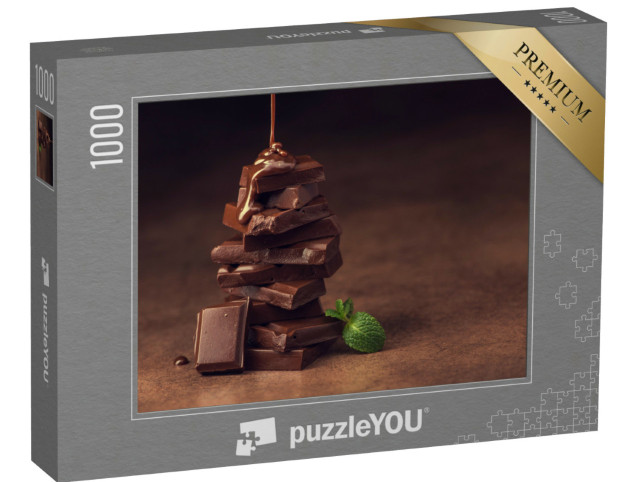 Puzzle 1000 Teile „Geschmolzene Schokolade fließt samtig über Schokoladenstückchen“