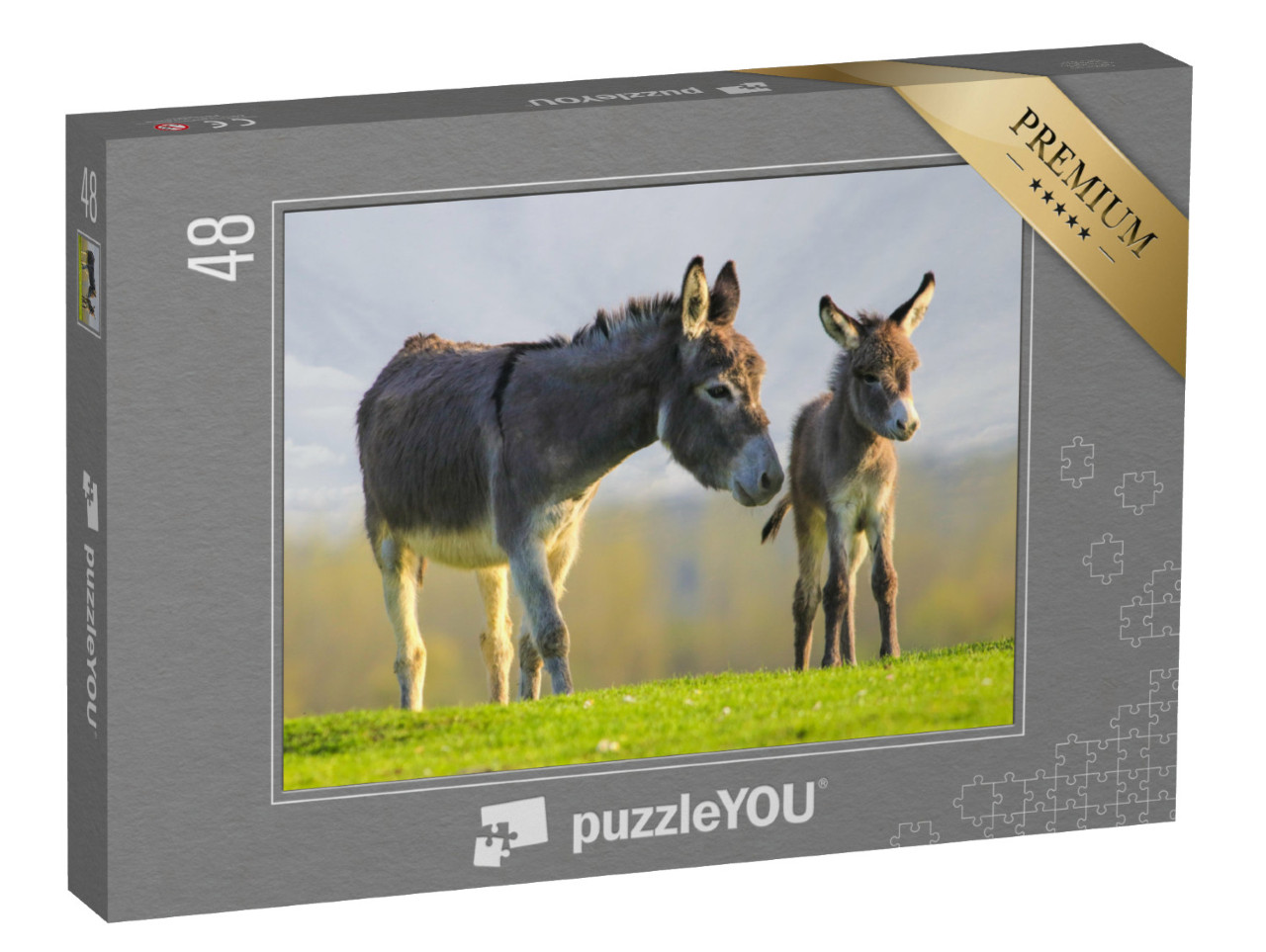 Puzzle 48 Teile „Graues niedliches Eselbaby und Mutter auf Blumenwiese“