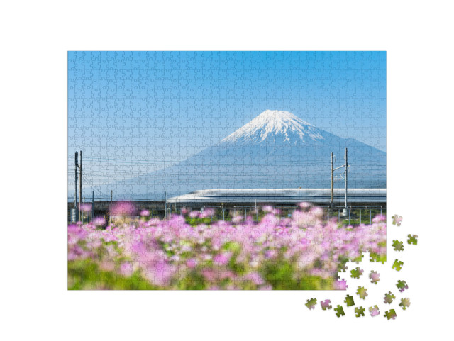 Puzzle 1000 Teile „Shinkansen Hochgeschwindigkeitszug am Fuji, Japan“