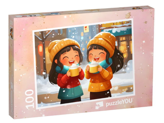 Puzzle 100 Teile „Ein fröhlicher Tag im Winterdorf“