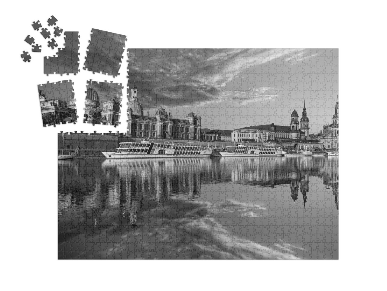 Puzzle „Dresdner Stadtsilhouette an der Elbe und Augustusbrücke“ | SMART SORTED® 1000 Teile