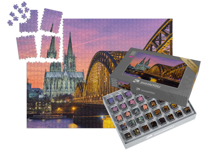 Puzzle „Kölner Dom und Hohenzollernbrücke bei Sonnenuntergang“ | SMART SORTED® 1000 Teile