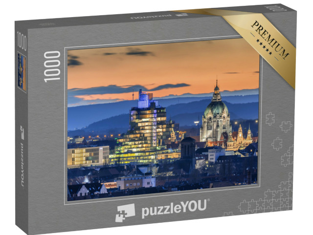 Puzzle 1000 Teile „Luftbild von Hannover am Abend, Niedersachen“