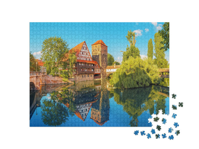 Puzzle 1000 Teile „Fachwerkhäuser am Ufer der Pegnitz, Nürnberg, Deutschland“