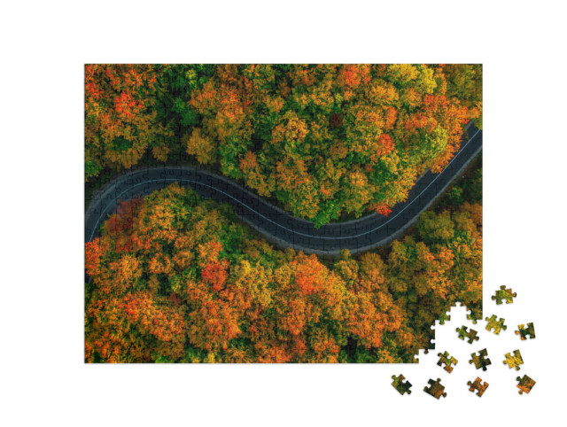 Puzzle 500 Teile „Vogelperspektive: Gewundene Straße im dichten Herbstwald“
