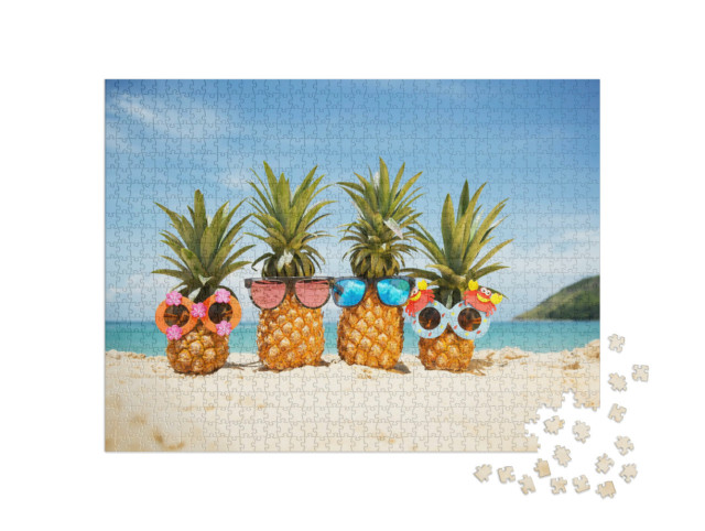 Puzzle 1000 Teile „Coole Ananas-Früchte mit Sonnenbrillen am Strand“