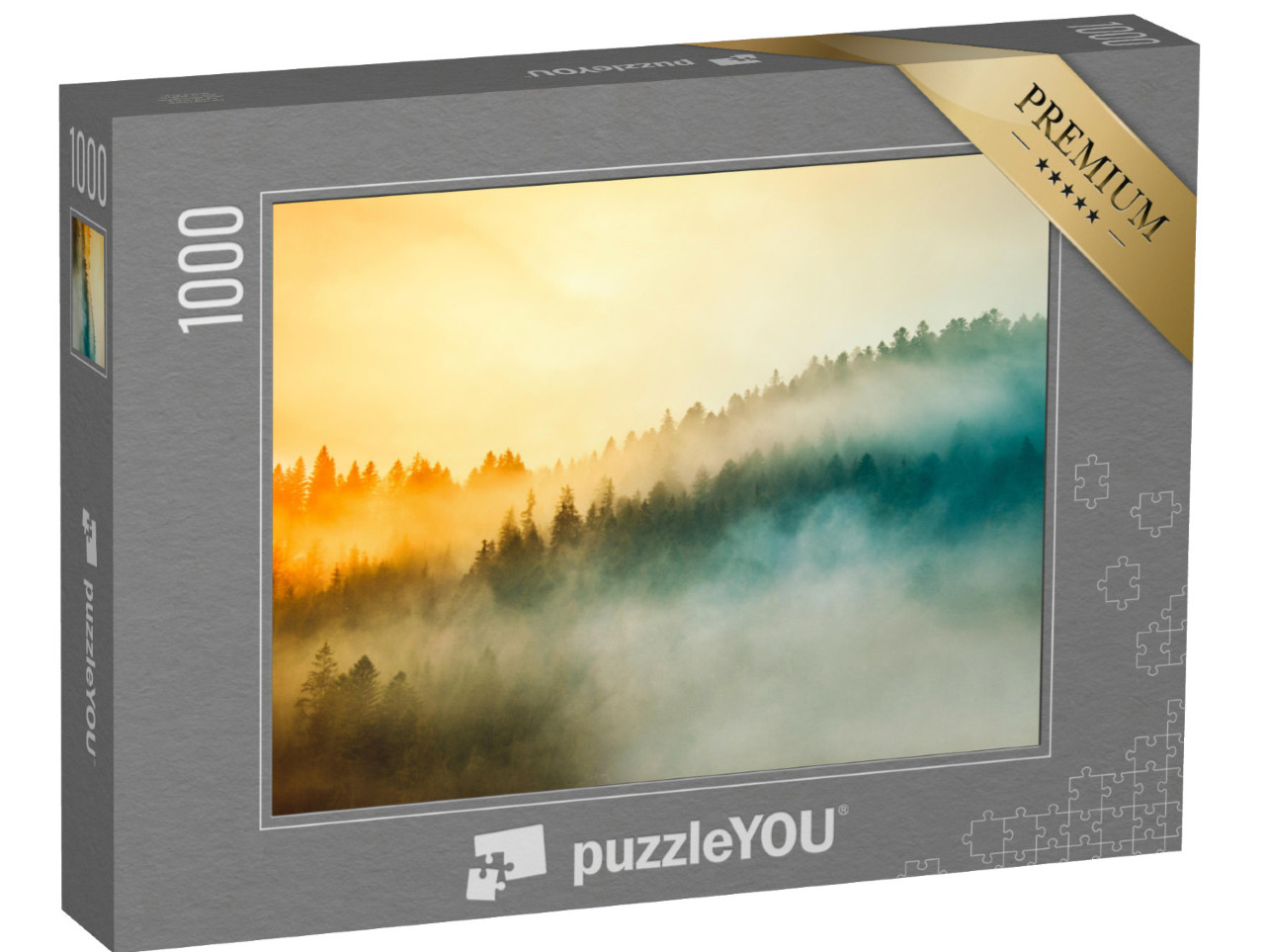 Puzzle 1000 Teile „Wunderschöner Sonnenaufgang über Wald im Frühnebel“