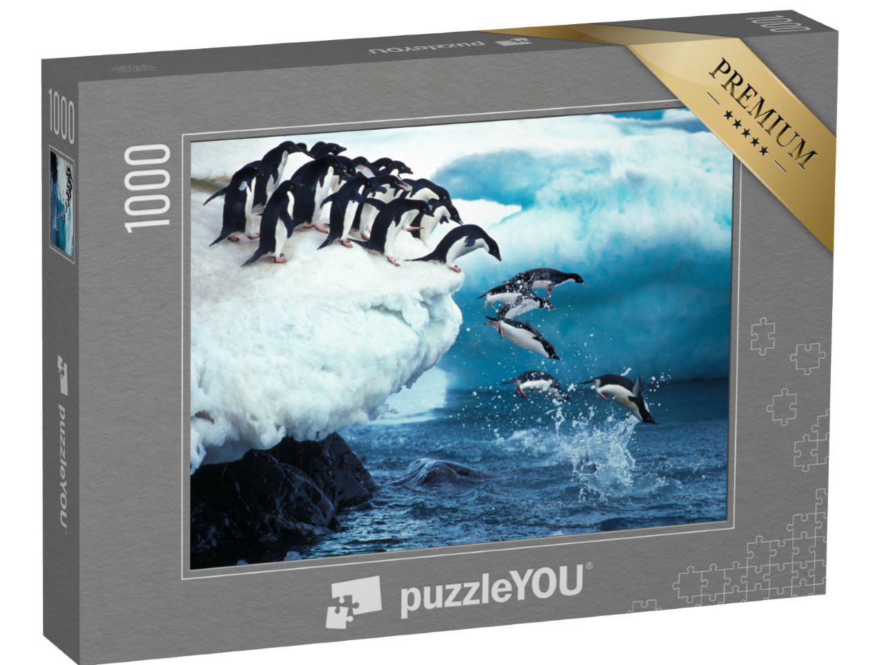 Puzzle 1000 Teile „Ein Adeliepinguin springt ins Meer, Antarktis“