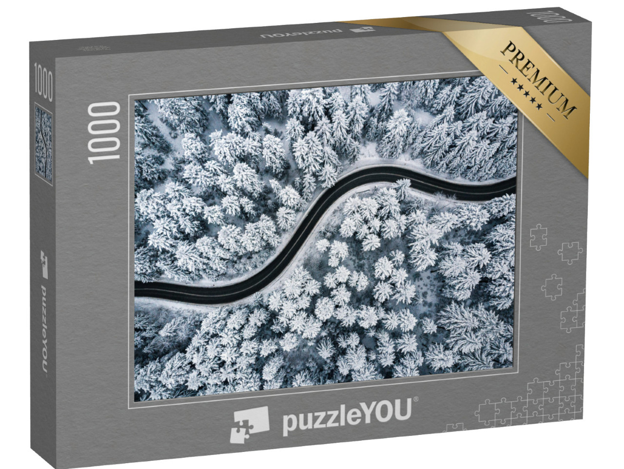 Puzzle 1000 Teile „Vogelperspektive: Kurvenreiche Straße im schneebedeckten Wald“