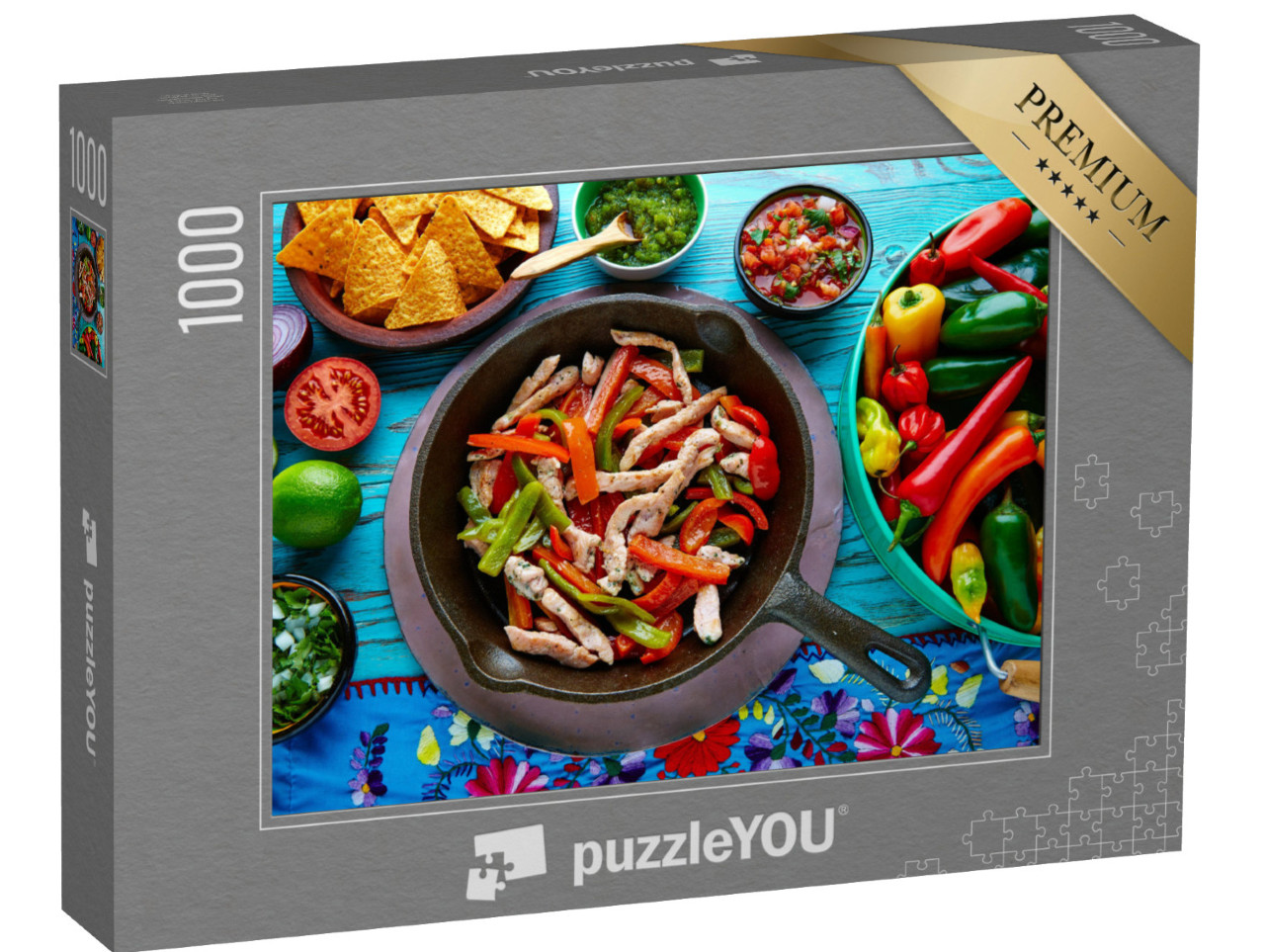 Puzzle 1000 Teile „Hähnchen-Fajitas in der Pfanne mit Soßen, Chili und Beilagen“