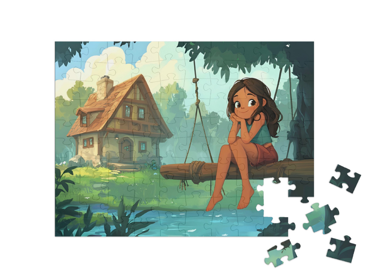 Puzzle 100 Teile „Das Naturkind auf seiner Holzschaukel am Bach“