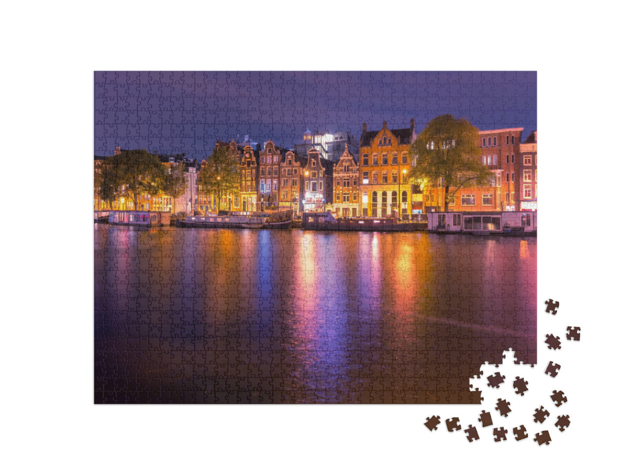 Puzzle 1000 Teile „Bezaubernder nächtlicher Kanal in Amsterdam, Niederlande.“