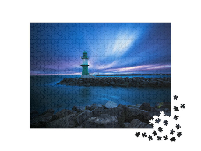 Puzzle 1000 Teile „Sonnenaufgang am Leuchtturm in Rostock“