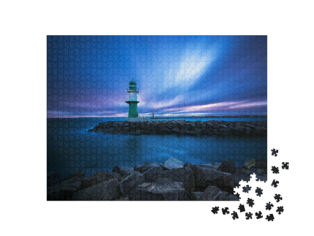 Puzzle 1000 Teile „Sonnenaufgang am Leuchtturm in Rostock“
