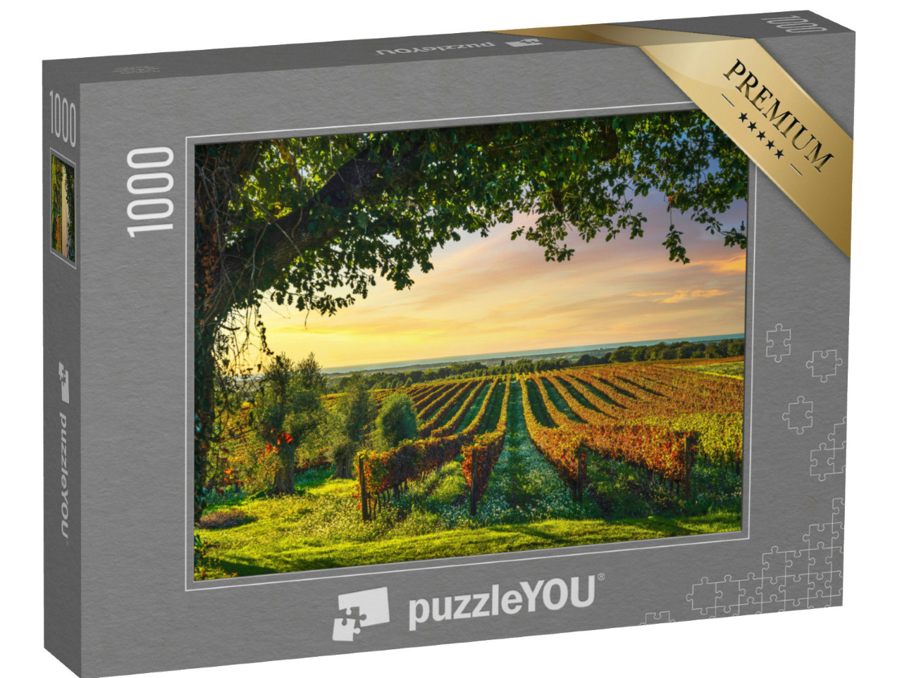 Puzzle 1000 Teile „Bolgheri Weinberg, Olivenbäume und Blumen bei Sonnenuntergang, Toskana, Italien“