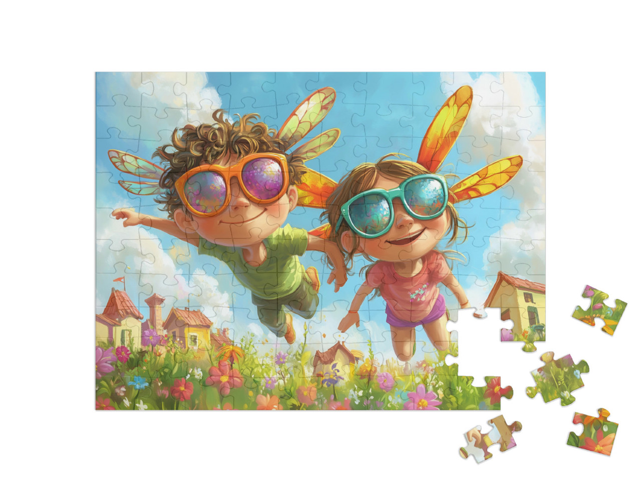 Puzzle 100 Teile „Elfengeschwister fliegen über den Blumengarten“
