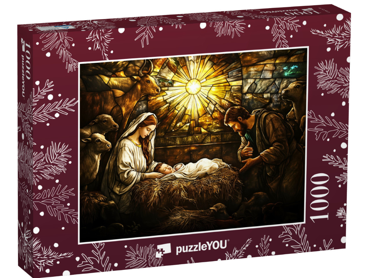 Puzzle 1000 Teile „Kirchenfenster: Weihnachtliche Krippenszene mit Jesus, Maria und Josef“