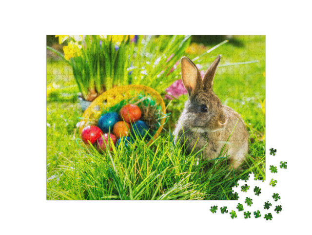 Puzzle 1000 Teile „Süßer Osterhase mit Ostereiern auf einer Frühlingswiese“