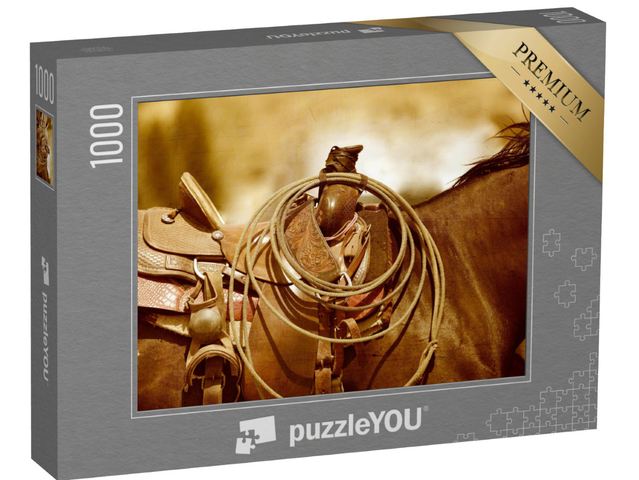 Puzzle 1000 Teile „Sattel und Lasso auf einem Pferderücken, sepia“
