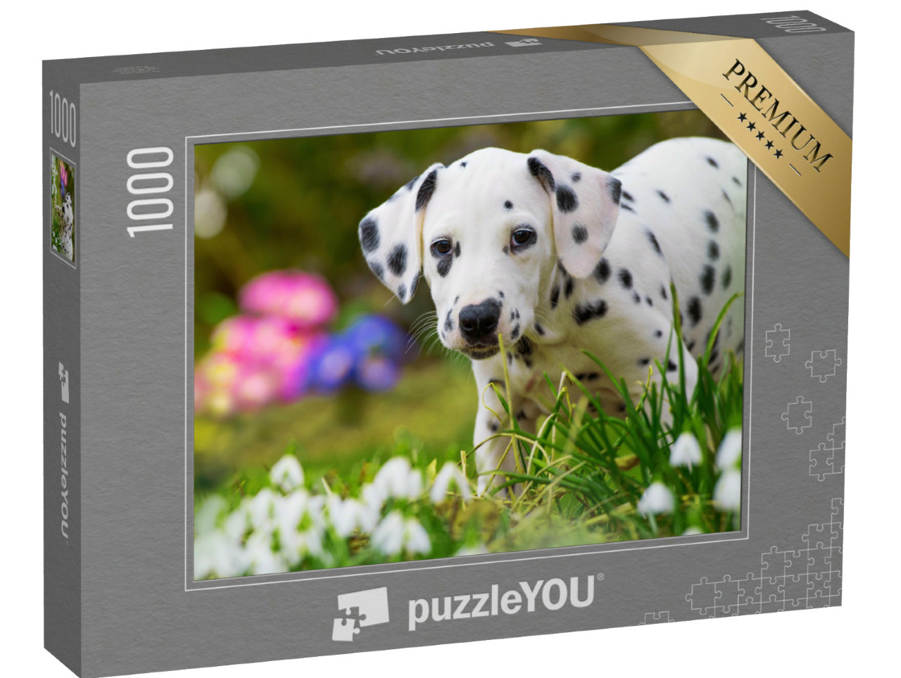 Puzzle 1000 Teile „Dalmatinerwelpe mit Frühlingsblumen“