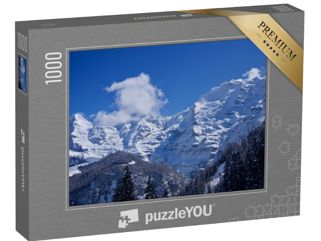 Puzzle 1000 Teile „Panorama der Berner Alpen mit den Berggipfeln Eiger, Mönch und Jungfrau, Schweiz“