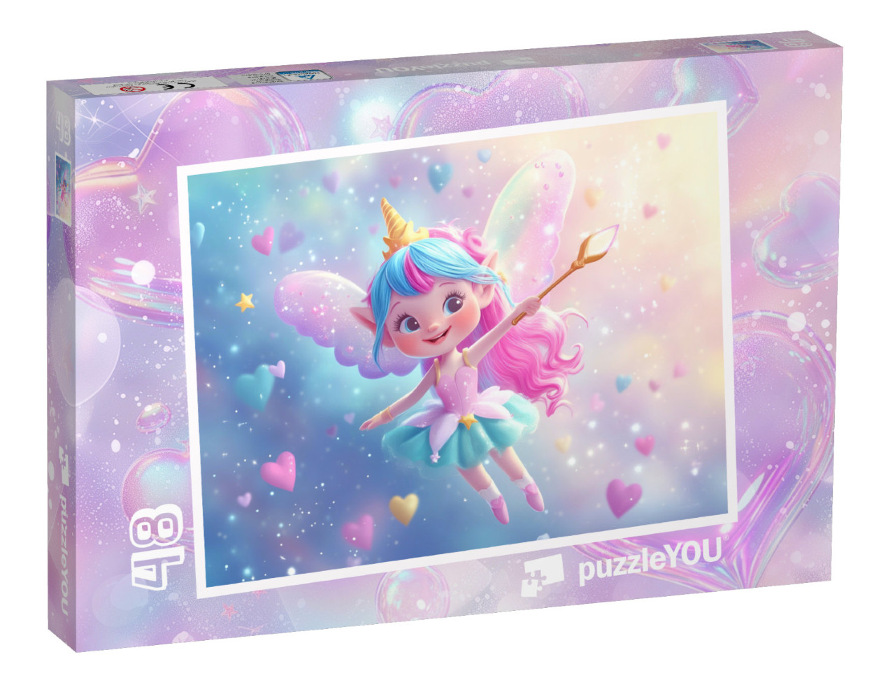 Puzzle 48 Teile „Fliegende Zauberfee im blau-rosa Herzenhimmel“