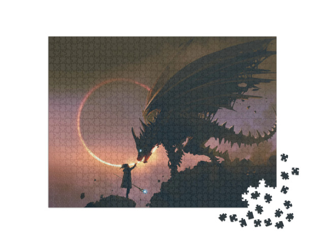 Puzzle 1000 Teile „Digitale Kunst: Der Zauberer und sein Drache“