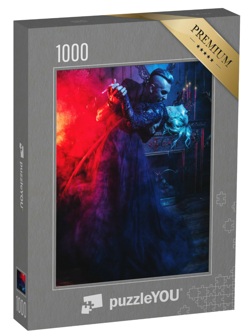 Puzzle 1000 Teile „Vampir und junge Frau tanzen vor einem Kamin, Rauch, Kleider“