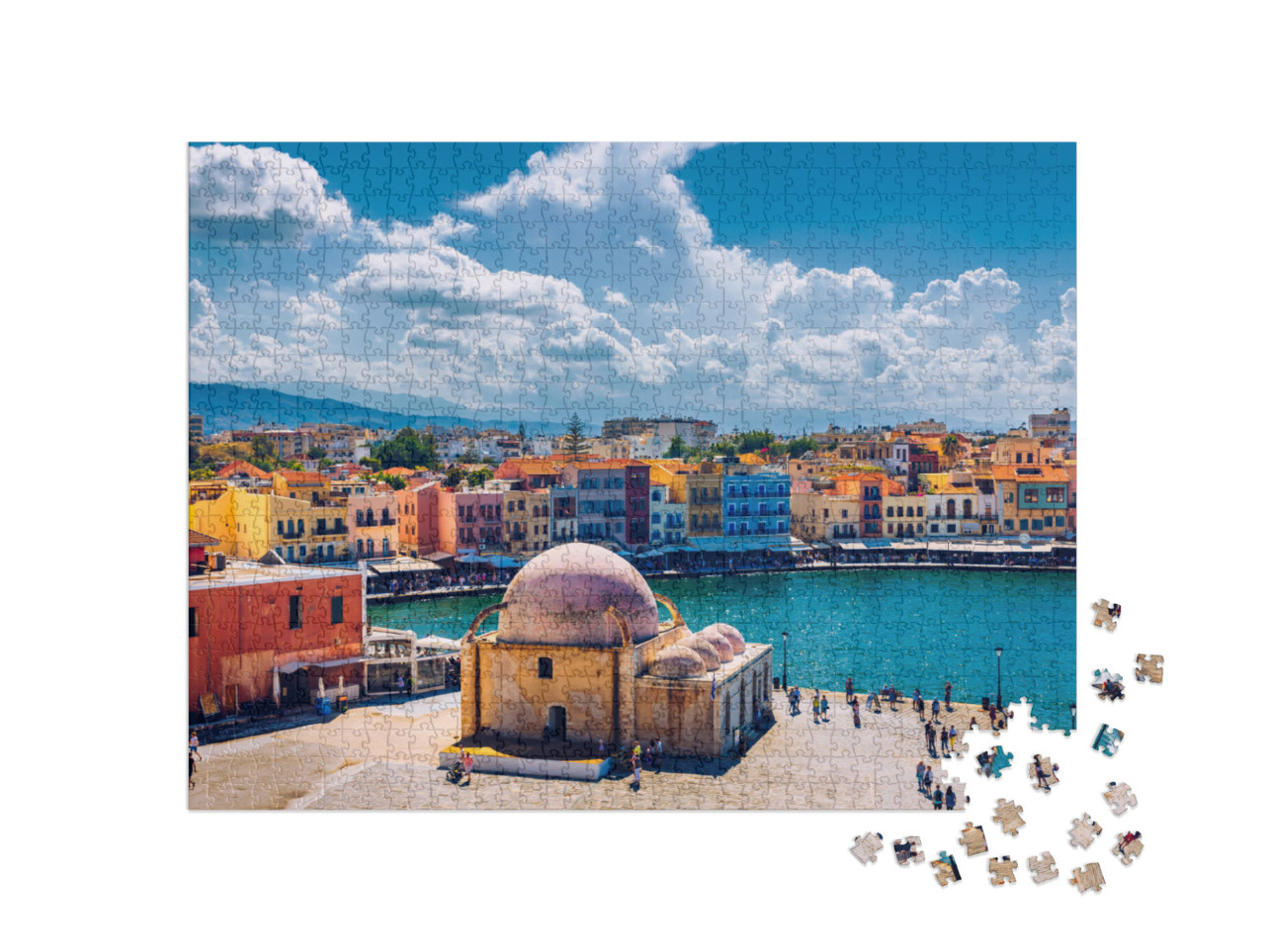 Puzzle 1000 Teile „Moschee im alten venezianischen Hafen der Stadt Chania, Kreta“