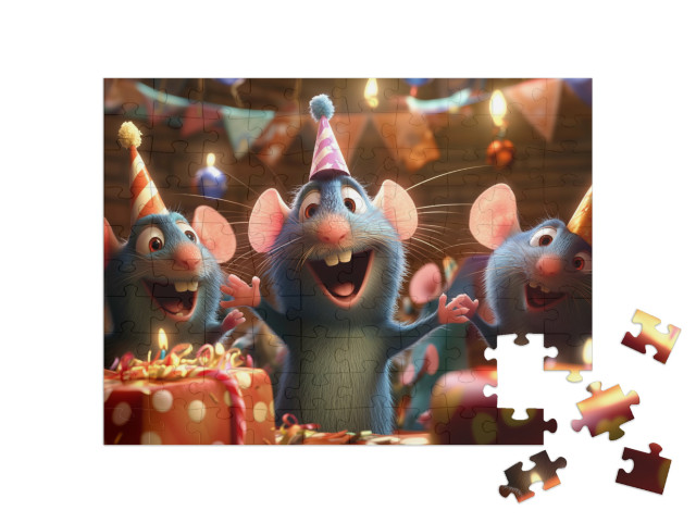 Puzzle 100 Teile „Rattenscharfe Party: Kuchen, Kerzen und Geschenke“