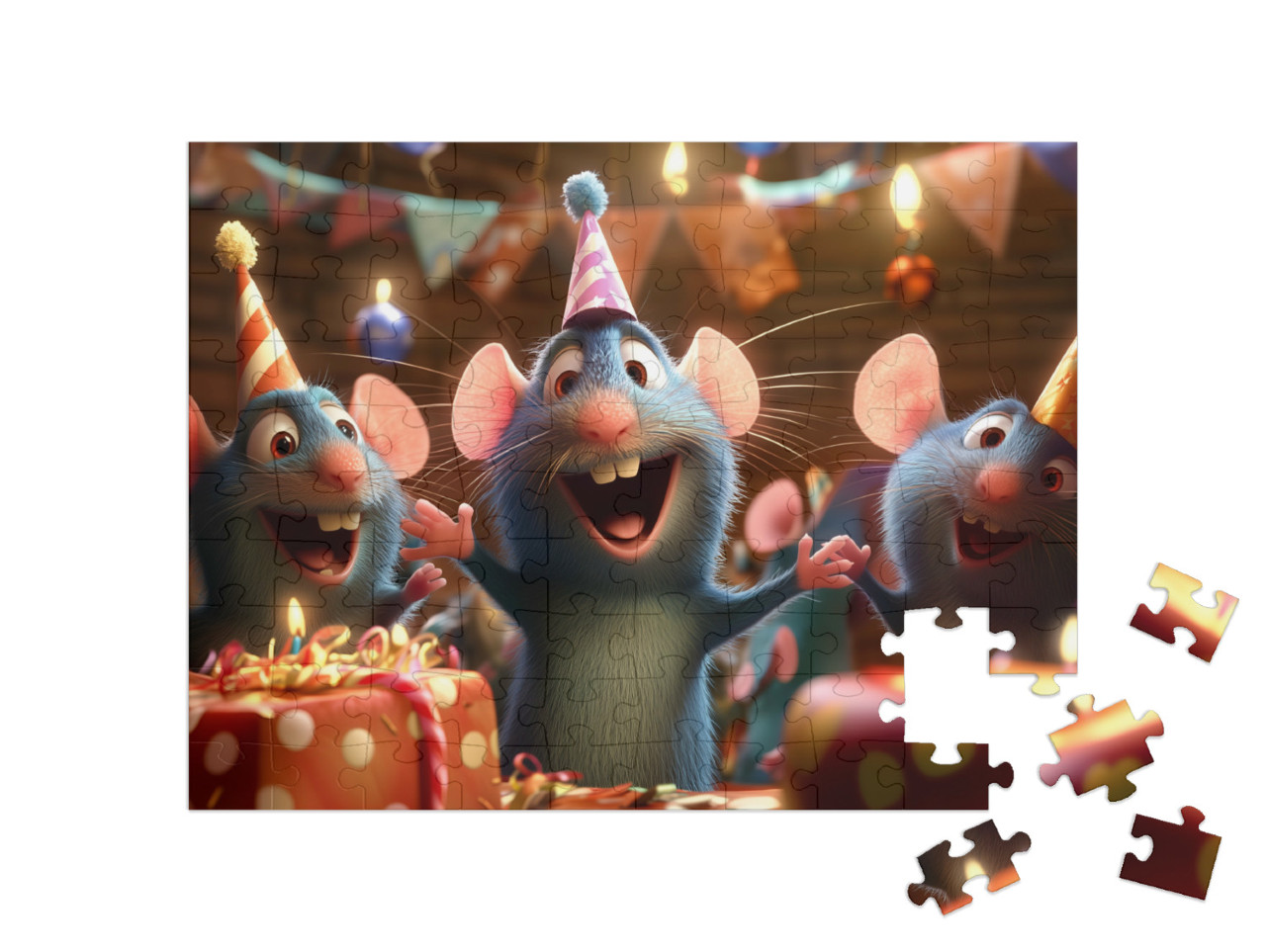 Puzzle 100 Teile „Rattenscharfe Party: Kuchen, Kerzen und Geschenke“
