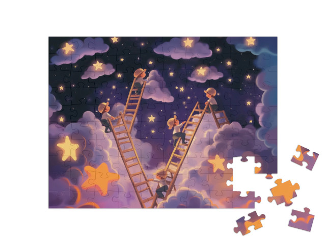 Puzzle 100 Teile „Lila Wolkenschloss voller Sternchen und Himmelsleitern“