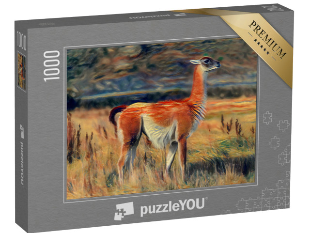 Puzzle 1000 Teile „im Stil von Edvard Munch, Der Schrei - Guanaco im Torres del Paine Nationalpark“
