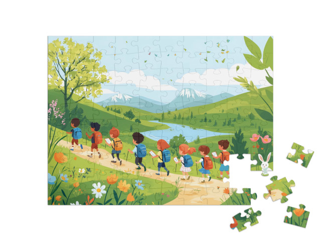 Puzzle 100 Teile „Sonnenschein, Berge und fröhliche Kinder“
