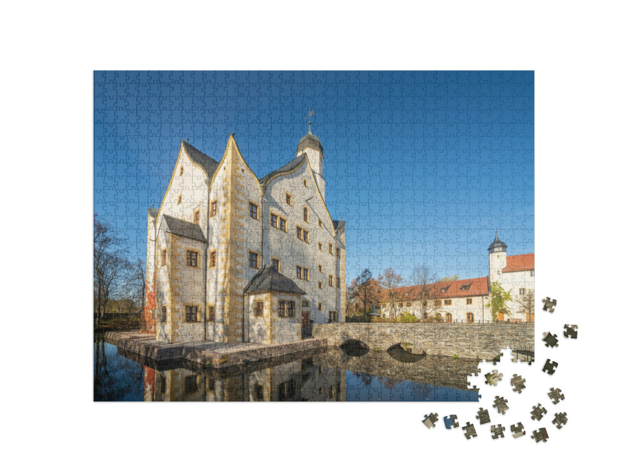 Puzzle 1000 Teile „Wasserschloss Klaffenbach bei Chemnitz, Deutschland“