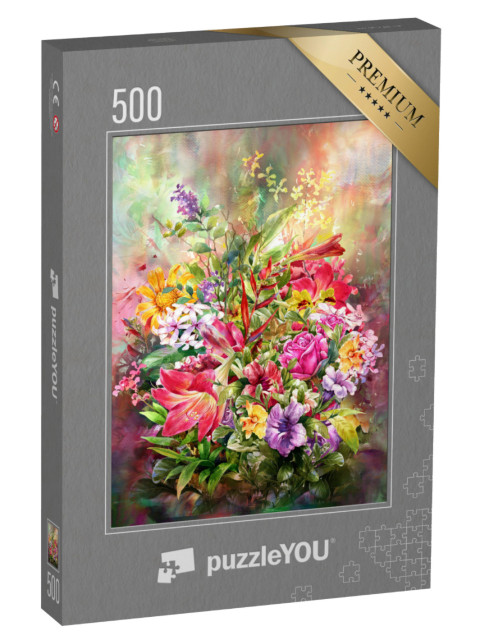 Puzzle 500 Teile „Digitales Aquarell: Bouquet von bunten Blumen“