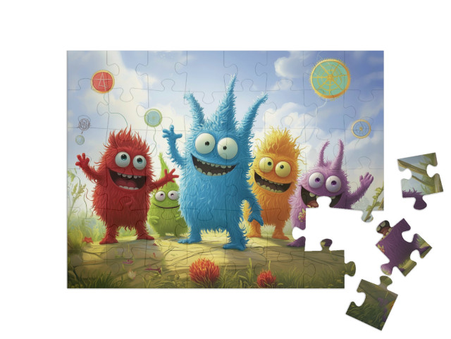 Puzzle 48 Teile „Die netten Zottelmonster laden ein zur Party“