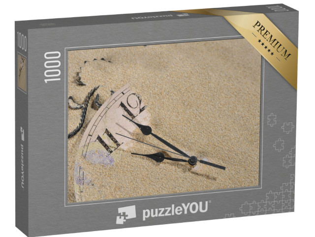 Puzzle 1000 Teile „Analoge Wanduhr unter dem Sand vergraben, schwarze Zeiger“
