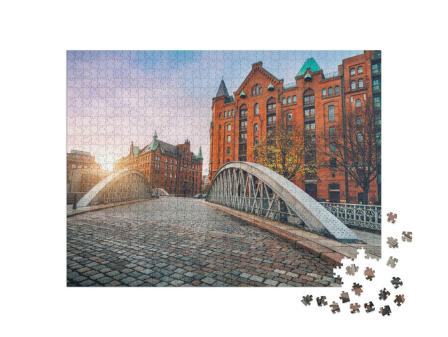 Puzzle 1000 Teile „Bogenbrücke über die Alsterkanäle, historische Speicherstadt Hamburg“